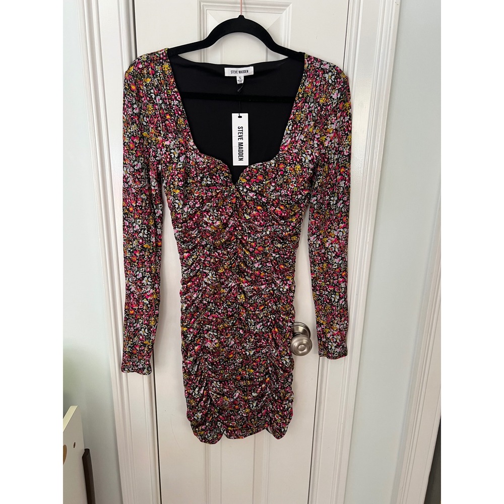 Steve Madden Womens Floral Ruched Bodycon Mini Dress Long Sleeve BM308142 Small